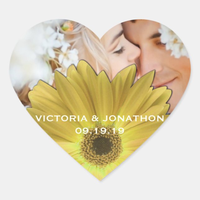 Save the Date Photo Yellow Gerber Daisy Wedding Heart Sticker (Front)
