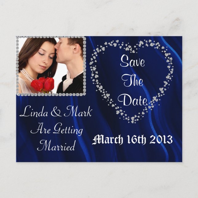 Save The Date Picture Postcard Blue BLING (Front)