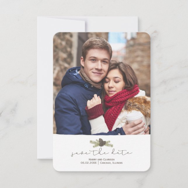 Save The Date Pine Cone & Boughs Winter Wedding  | (Front)
