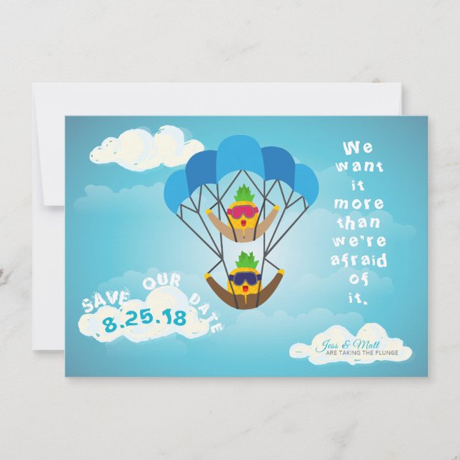 Save the Date Pineapple Characters Parachuting (Front)