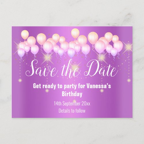 Save the Date Pink Balloons Sparkle All Occassion Announcement Postcard