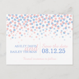 Save the date pink blue confetti dots wedding card