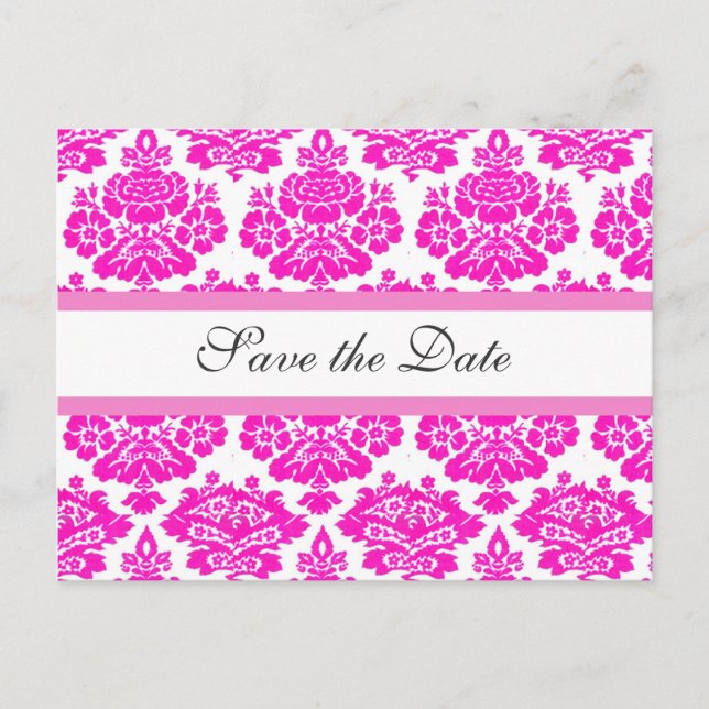 save the date,pink damask announcement postcard (Front)