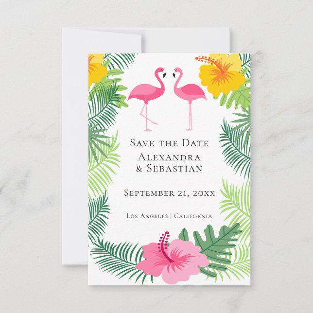Save The Date Pink Flamingo Tropical Wedding (Front)