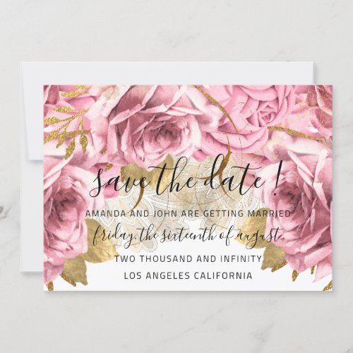 Save The Date Pink Floral Rose Wedding Bridal Whit