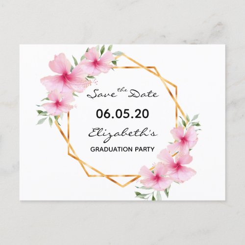 Save the Date pink florals graduation party white Postcard