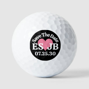 SAVE THE DATE Pink Heart MONOGRAM Black Background Golf Balls