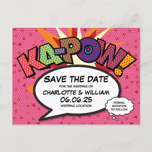 Save The Date Pink Hearts Comic Book Wedding Announcement Postcard