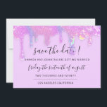 Save The Date Pink Holographic Drips Purple<br><div class="desc">Elegant simply save the date decorated with semi-transparent drips and a delicate script that completes the look of this design,  
You can change the color of the background on the back
Any other customization please sent me a message! Have a shiny always happy time! :) 
FlorenceK design</div>