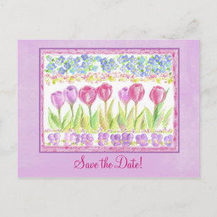 Save the Date Pink Lavender Tulip Flower Drawing Announcement Postcard