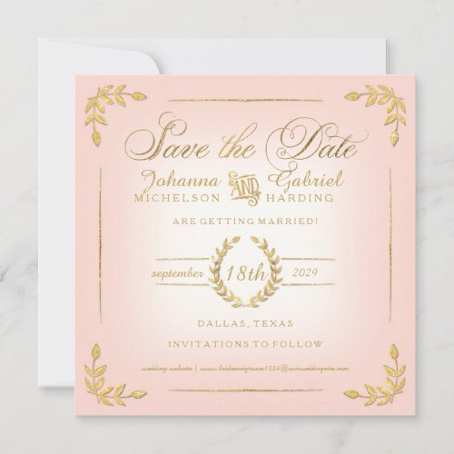 Save the Date Pink n Gold Laurel Leaf Typography Save The Date