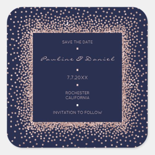 Save The Date Pink Rose Gold Blue Navy Glitter Square Sticker