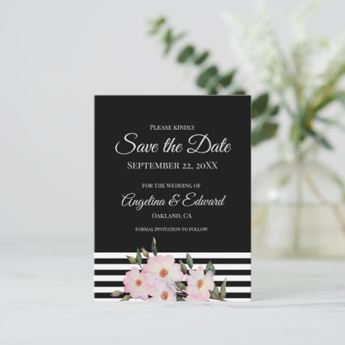Save the Date Pink Roses Ballerina Black Stripes  Announcement Postcard