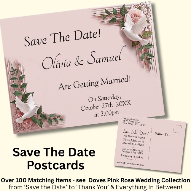 Save The Date - Pink Roses & Doves Wedding Announcement Postcard (Creator Uploaded)