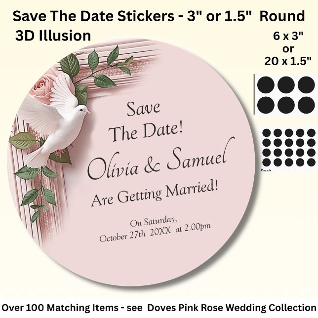 Save The Date - Pink Roses & Doves Wedding Classic Round Sticker (Creator Uploaded)
