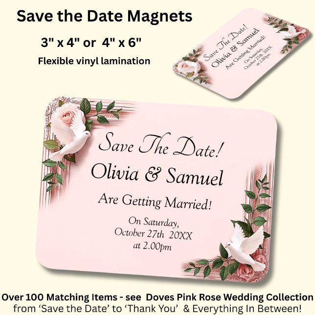 Save The Date - Pink Roses & Doves Wedding Magnet (Creator Uploaded)