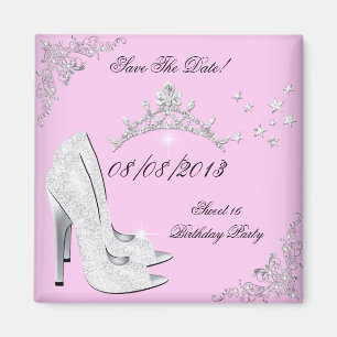 Save The Date Pink Silver High Heels Shoes Tiara Magnet