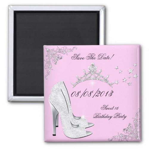Save The Date Pink Silver High Heels Shoes Tiara Magnet