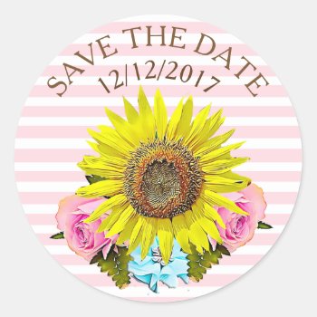 Save The Date Pink Stripe Sunflower Stickers by Magical_Maddness at Zazzle