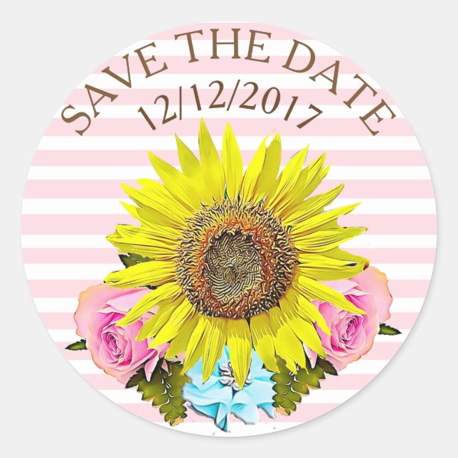 Save the Date Pink Stripe Sunflower Stickers (Front)