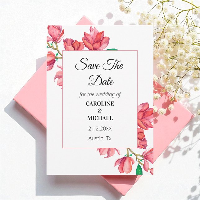 Save The Date Pink White Floral Wedding Card (Creator Uploaded)