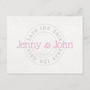 Save the date pink & white sewing button postcard