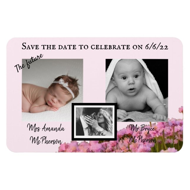 Save the date pink wild flower magnet (Horizontal)