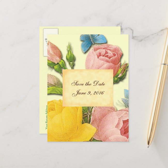 Save the Date Pink Yellow Vintage Roses Postcard