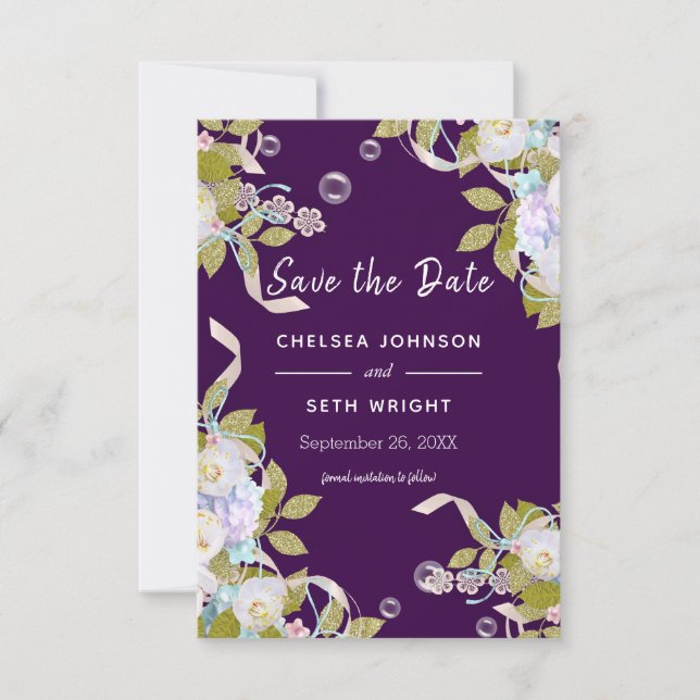 Save the Date  Plum Purple and Spring Floral (Front)