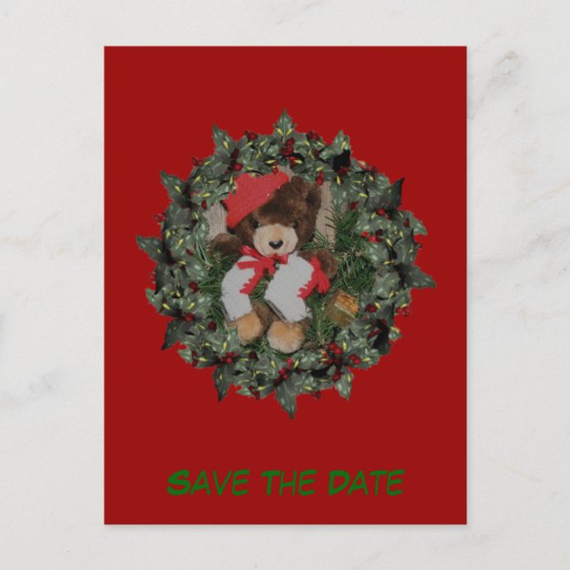 Save The Date Plush Bear Wreath Holiday Announcement Postcard (Front)