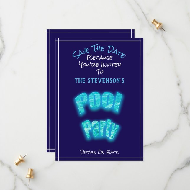 Save The Date Pool Party Birthday Blue Invitation (Front/Back In Situ)