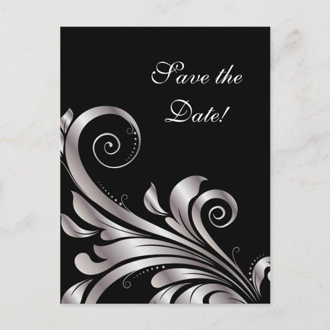 Save the Date Postcard Black Silver Leaf (Front)