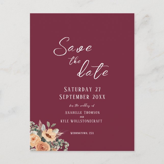 Save the Date postcard - Elegant floral burgundy (Front)