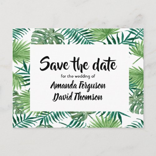 Save the date postcard green palm tree leaves