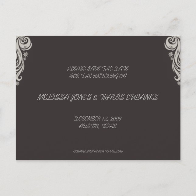 Save the Date Postcard-Grey/Black flourish Announcement Postcard (Front)