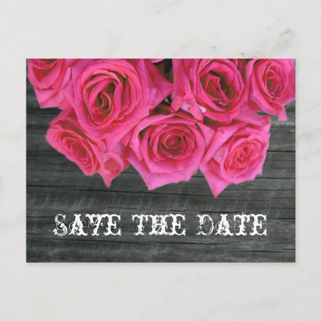 Save The Date Postcard - Hot Pink Roses & Barnwood (Front)