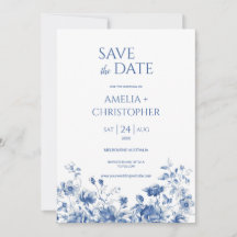 Save the date postcard, in blue tones with flower