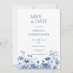 Save the date postcard, in blue tones with flower