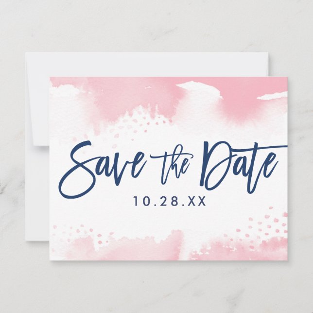 SAVE THE DATE POSTCARD modern navy pink watercolor (Front)