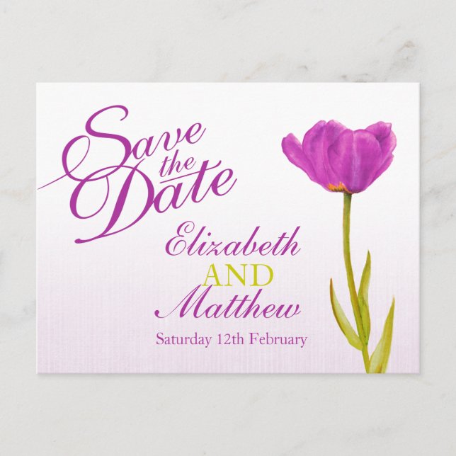 Save the Date Postcard purple tulip art (Front)