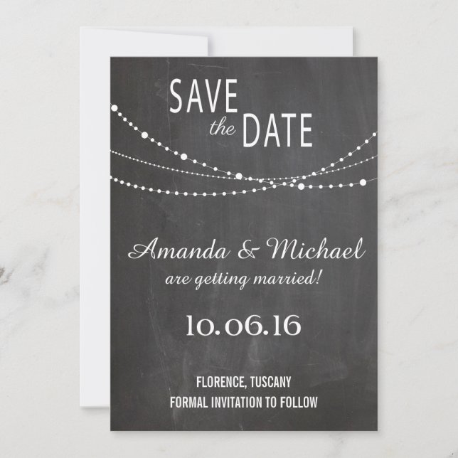 Save the date postcard - string lights chalkboard (Front)