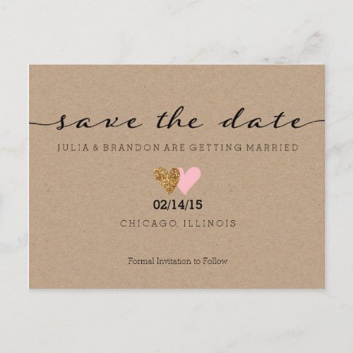 Save the Date Postcard _ Two Hearts Kraft Glitter