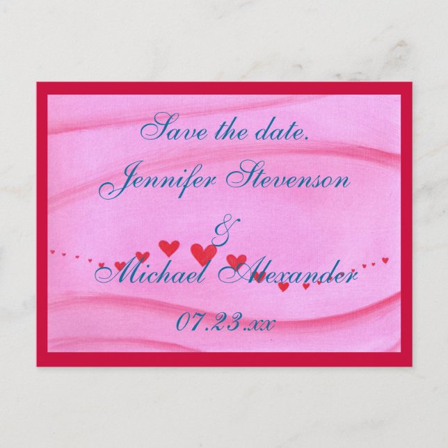 Save the date postcard, wave of red hearts announcement postcard (Front)