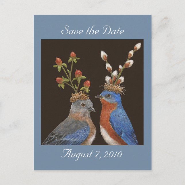 Save the date postcard with bluebird couple (Front)