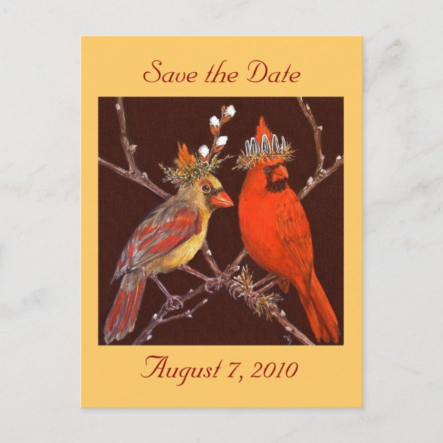 Save the date postcard with cardinal couple (Front)