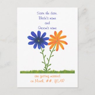 Save the date postcards, blue orange flowers announcement postcard