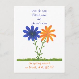 Save the date postcards, blue orange flowers