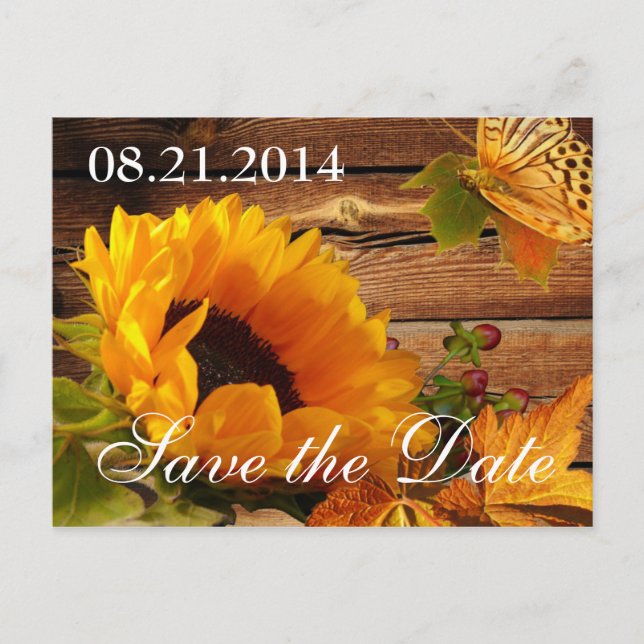 Save the Date Postcards, Country Fall Sunflower Announcement Postcard (Front)