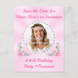 Save the Date Postcards for Birthday Party, Pink
