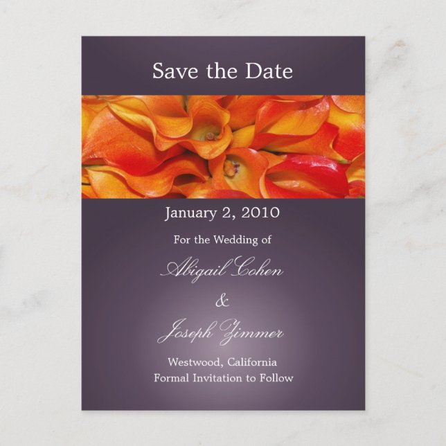 Save the date postcards, orange calla lillies announcement postcard (Front)